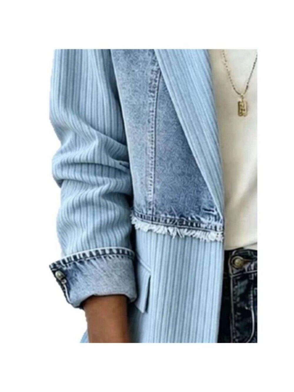 Full Size Patchwork Denim Ribbed Blazer Plus Size